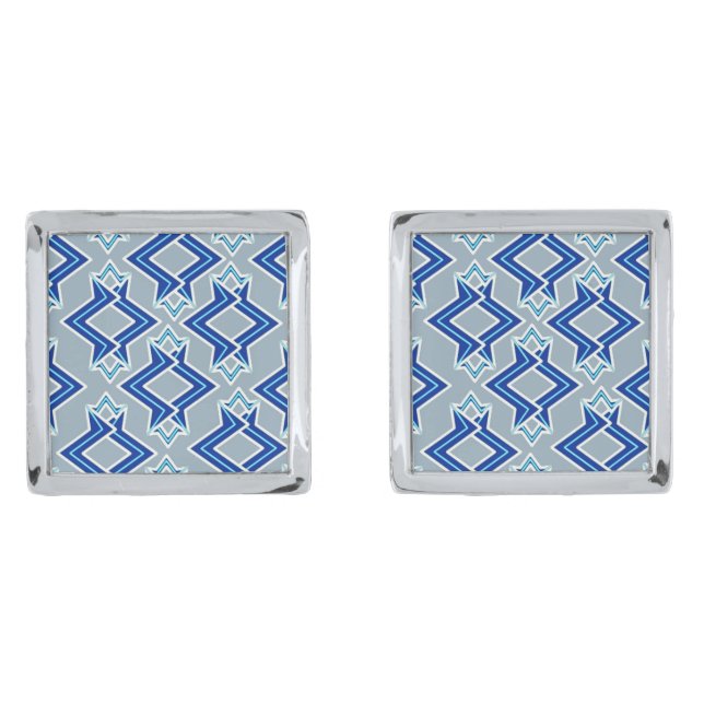 Art Deco Wallpaper Pattern, Gray / Grey and Blue Silver Cufflinks (Front)