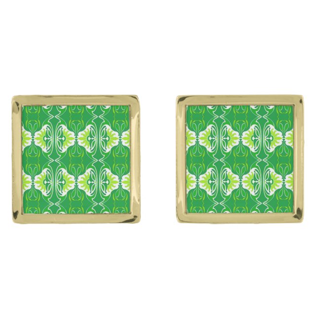 Art Deco wallpaper pattern - green and white Gold Cufflinks (Front)