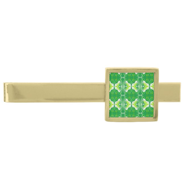 Art Deco wallpaper pattern - green and white Gold Finish Tie Clip (Front)