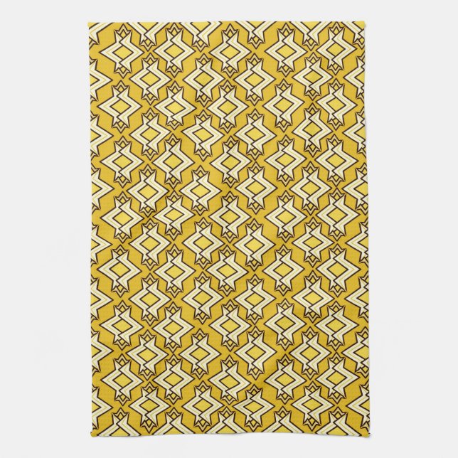 Art Deco Wallpaper Pattern, Mustard Gold Kitchen Towel (Vertical)