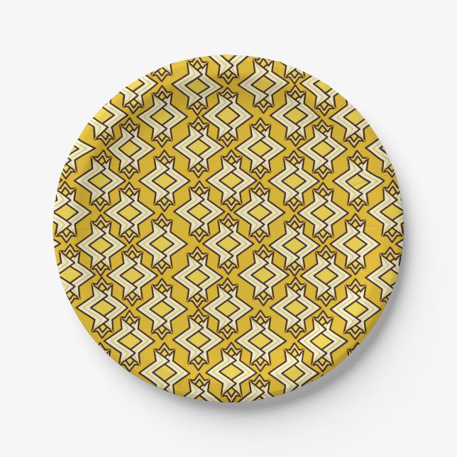 Art Deco Wallpaper Pattern, Mustard Gold Paper Plates (Front)