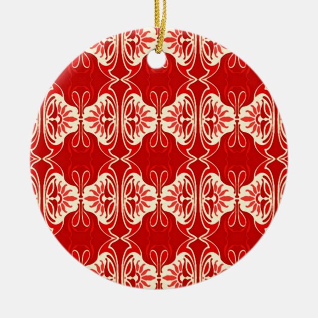 Art Deco wallpaper pattern - red and white Ceramic Ornament (Front)