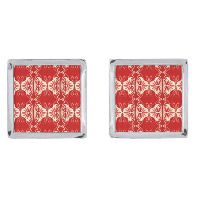 Art Deco wallpaper pattern - red and white Cufflinks (Front)