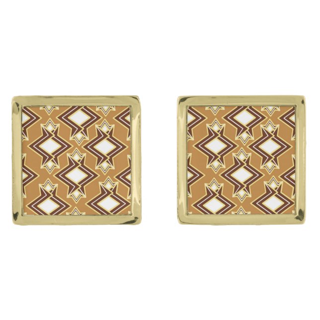 Art Deco Wallpaper Pattern, Tan and Brown Gold Cufflinks (Front)