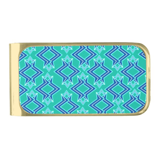 Art Deco Wallpaper Pattern, Turquoise and Cobalt Gold Finish Money Clip (Front)