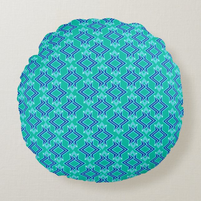Art Deco Wallpaper Pattern, Turquoise and Cobalt Round Pillow (Front)