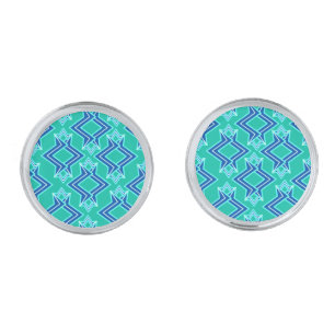 Art Deco Wallpaper Pattern, Turquoise and Cobalt Silver Cufflinks