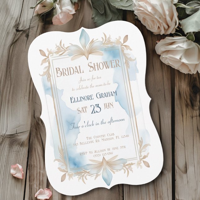 Art deco watercolor blue taupe bridal shower invitation (Creator Uploaded)