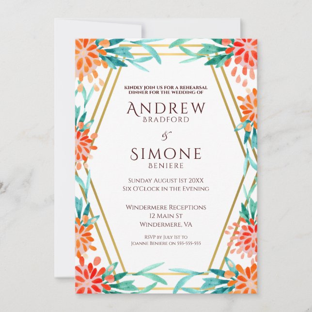 Art Deco Watercolor Rehearsal Dinner Invitation (Front)
