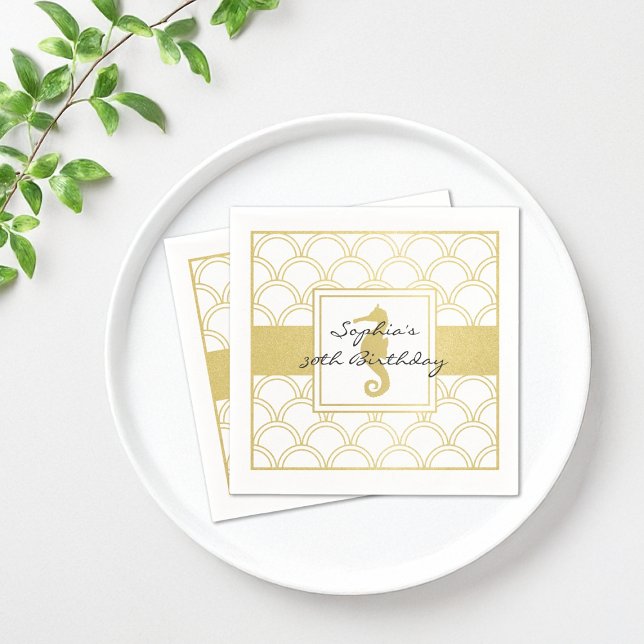 Art Deco Wave Gold Glitter Seahorse Beach Party Napkins (Creator Uploaded)