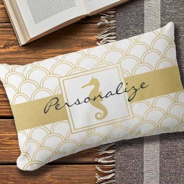 Art Deco Wave Gold Glitter Seahorse Outdoor Pillow (Creator Uploaded)