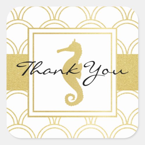 Art Deco Wave Gold Glitter Seahorse Thank You Square Sticker