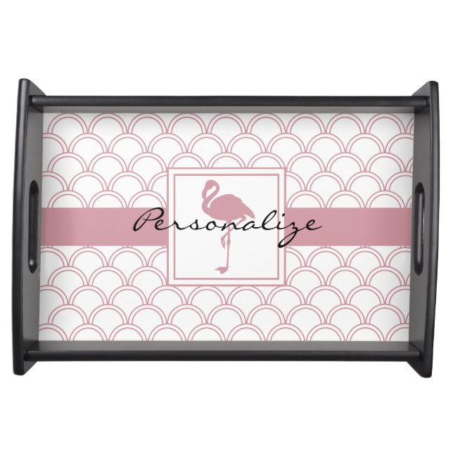 Art Deco Wave Patten Pink Flamingo Serving Tray (Front)