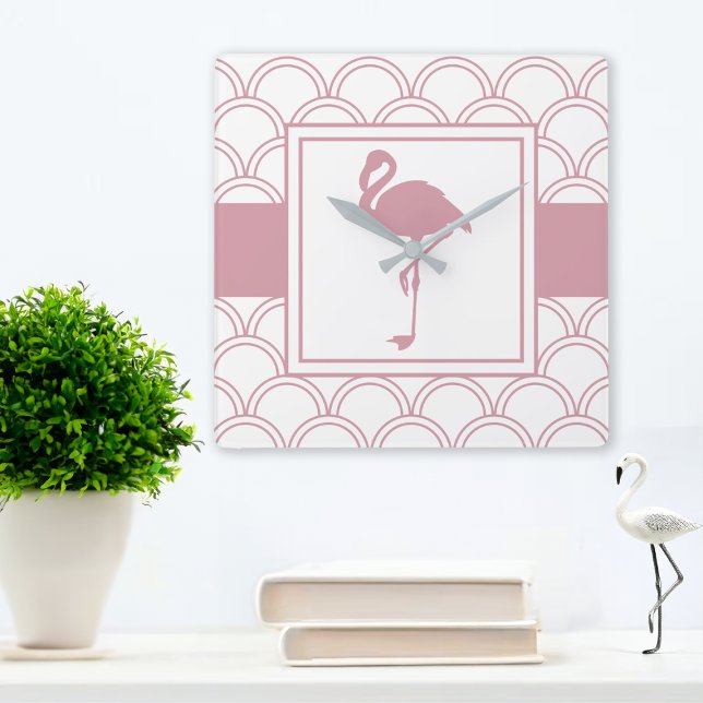 Art Deco Wave Patten Pink Flamingo Square Wall Clock (Creator Uploaded)