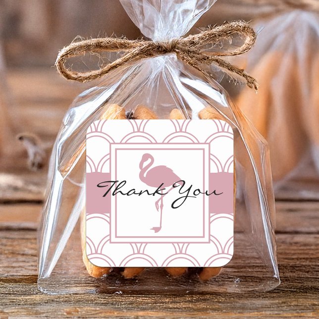 Art Deco Wave Patten Pink Flamingo Thank You Square Sticker (Creator Uploaded)