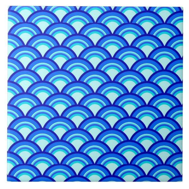Art Deco wave pattern - cobalt and sky blue Tile (Front)