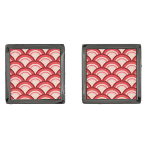 Art Deco wave pattern - coral red and pink Gunmetal Finish Cufflinks