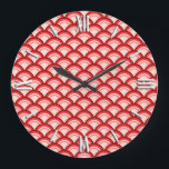 Art Deco wave pattern - coral red and pink Large Clock<br><div class="desc">An Art Deco pattern based on the traditional wave pattern,  often seen in Japanese textiles,  in shades of coral from deep coral red to pale coral pink</div>