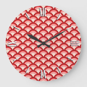 Art Deco wave pattern - coral red and pink Large Clock