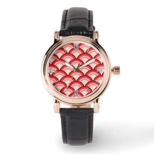 Art Deco wave pattern - coral red and pink Watch