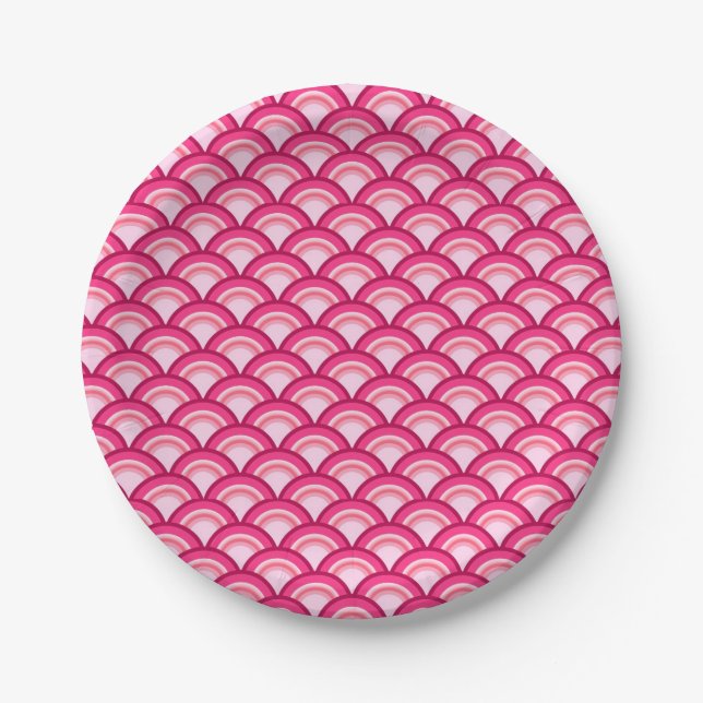 Art Deco wave pattern - fuchsia and coral Paper Plates (Front)