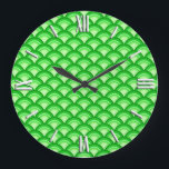 Art Deco wave pattern - jade green Large Clock<br><div class="desc">An Art Deco pattern based on the traditional wave pattern often seen in Japanese textiles,  in the colors of jade,  ranging from pale celery green to deep emerald green</div>