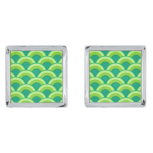 Art Deco wave pattern - jade green Silver Cufflinks