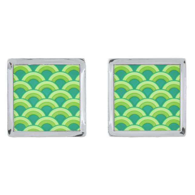 Art Deco wave pattern - jade green Silver Cufflinks (Front)