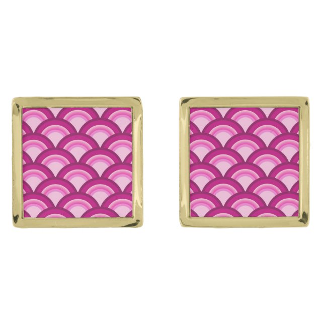 Art Deco wave pattern - magenta and pink Gold Cufflinks (Front)