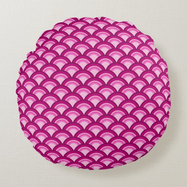 Art Deco wave pattern - magenta and pink Round Pillow (Front)