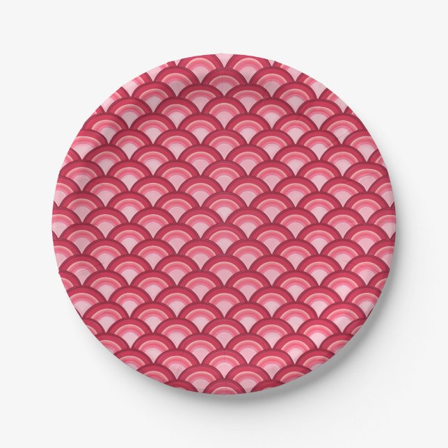 Art Deco wave pattern - red and fuchsia Paper Plates (Front)