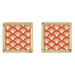 Art Deco wave pattern - tangerine orange Gold Cufflinks