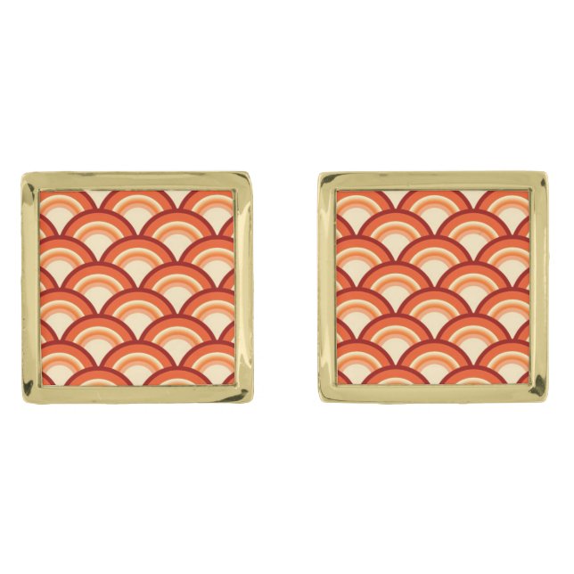 Art Deco wave pattern - tangerine orange Gold Cufflinks (Front)