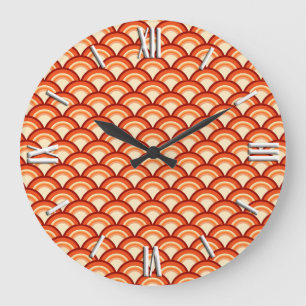 Art Deco wave pattern - tangerine orange Large Clock