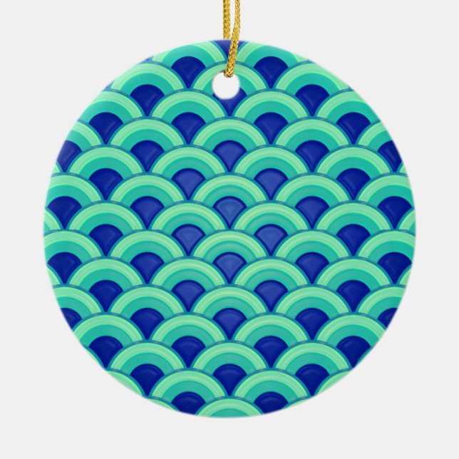 Art Deco wave pattern - turquoise and cobalt Ceramic Ornament (Front)