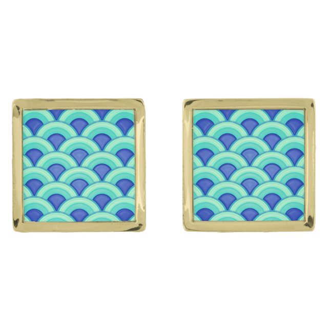 Art Deco wave pattern - turquoise and cobalt Cufflinks (Front)