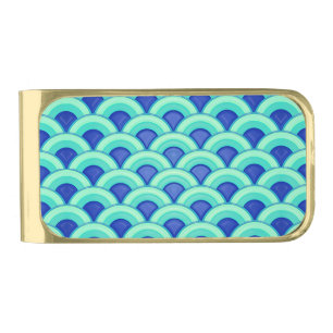 Art Deco wave pattern - turquoise and cobalt Gold Finish Money Clip