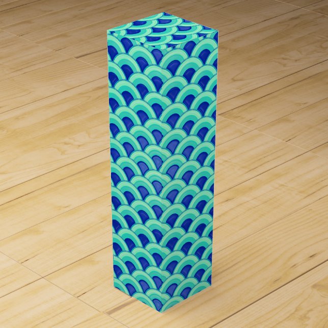Art Deco wave pattern - turquoise and cobalt Wine Gift Box (Front)
