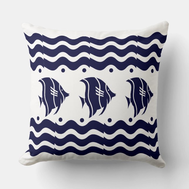 Art deco waves + fish Blue white Throw Pillow (Front)