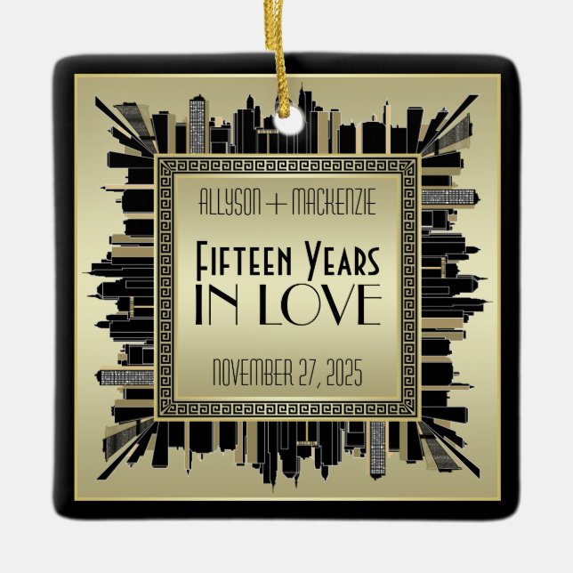 Art Deco Wedding Anniversary Champagne Gold Gatsby Ceramic Ornament (Front)