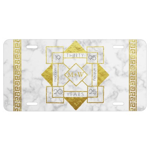 Art Deco Wedding Anniversary Marble Gold Foil Glam License Plate