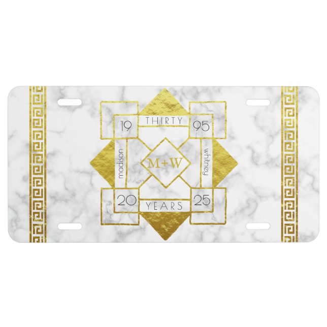 Art Deco Wedding Anniversary Marble Gold Foil Glam License Plate (Front)
