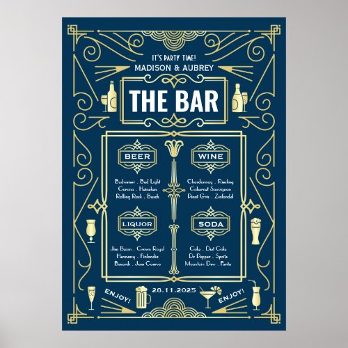 Art Deco Wedding Bar Menu Wine Beer Liquor Party Poster