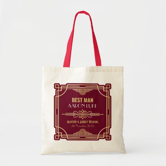 Art Deco Wedding Best Man Gold Burgundy Favor Tote Bag (Front)