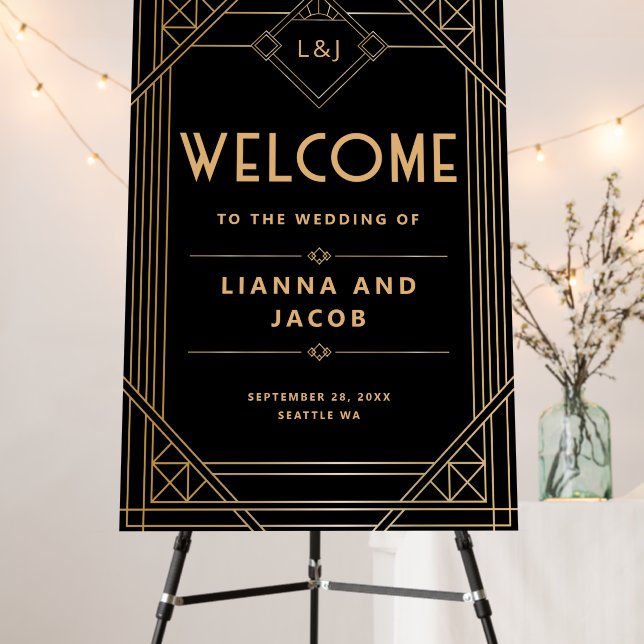 Art Deco Wedding Black and Gold Welcome Sign (In Situ (Stand))