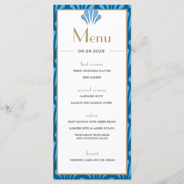 Art Deco Wedding Blue Roaring Twenties Vintage Menu (Front)