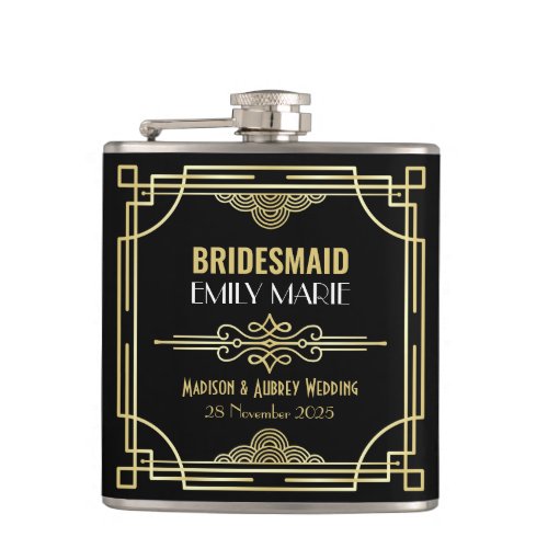 Art Deco Wedding Bridesmaid Gold Black Favor 1920s Flask