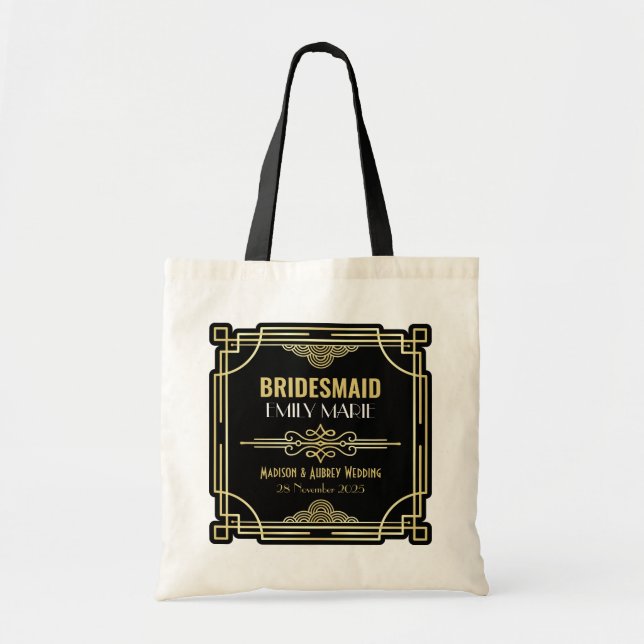 Art Deco Wedding Bridesmaid Gold Black Favor 1920s Tote Bag (Front)