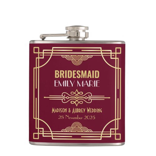Art Deco Wedding Bridesmaid Gold Burgundy Favor Flask