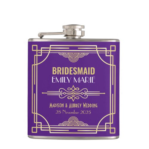 Art Deco Wedding Bridesmaid Gold Purple Favor Flask